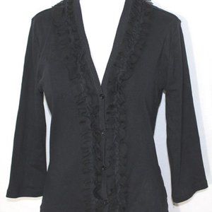 Notations Black Cardigan Sweater Button Front Chiffon Ruffled Front Sz Small